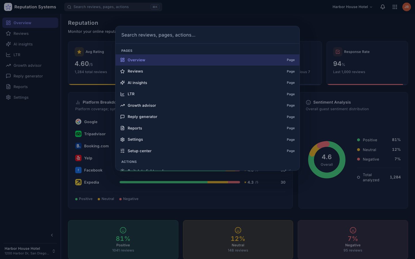 Command Palette — Reputation Systems app (sample data)