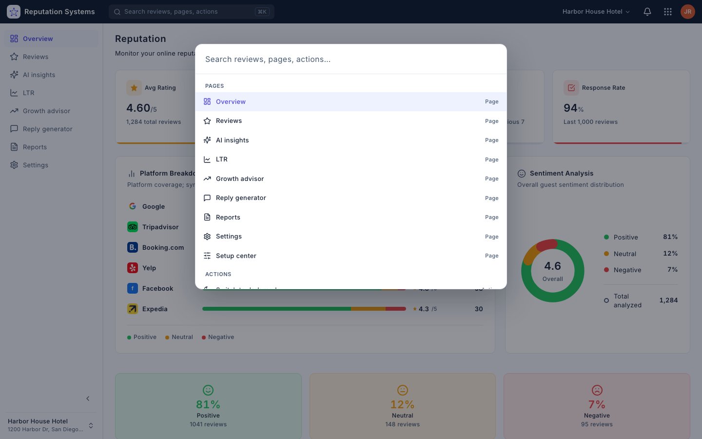 Command Palette — Reputation Systems app (sample data)