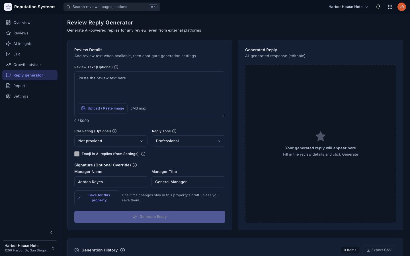 Tone & Signature Controls — Reputation Systems app (sample data)