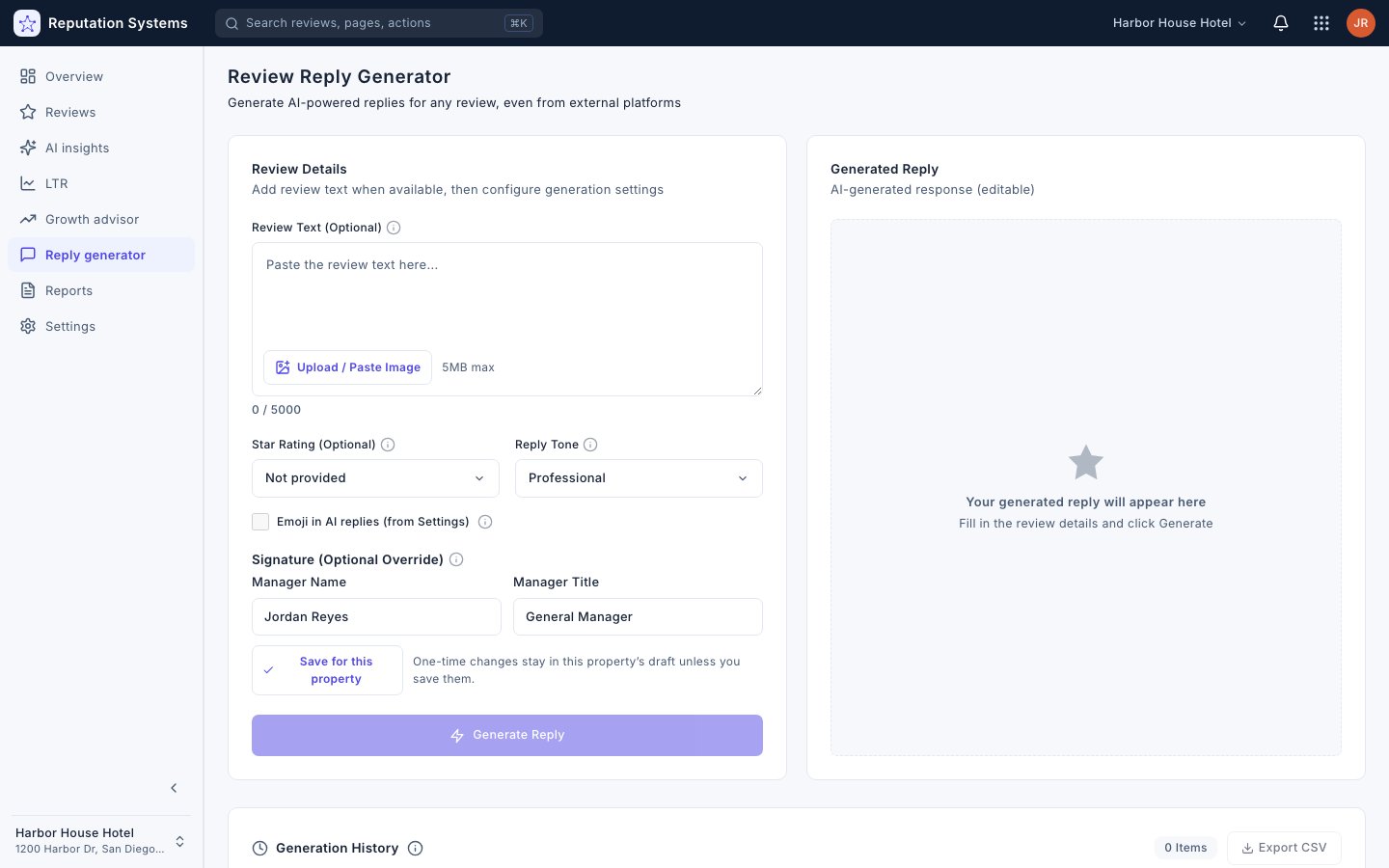 Tone & Signature Controls — Reputation Systems app (sample data)