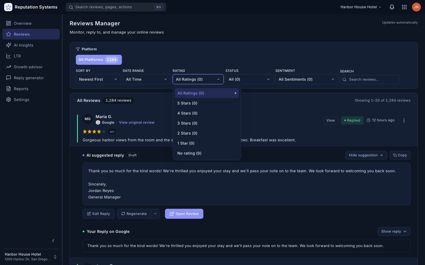 Smart Filtering & Search — Reputation Systems app (sample data)