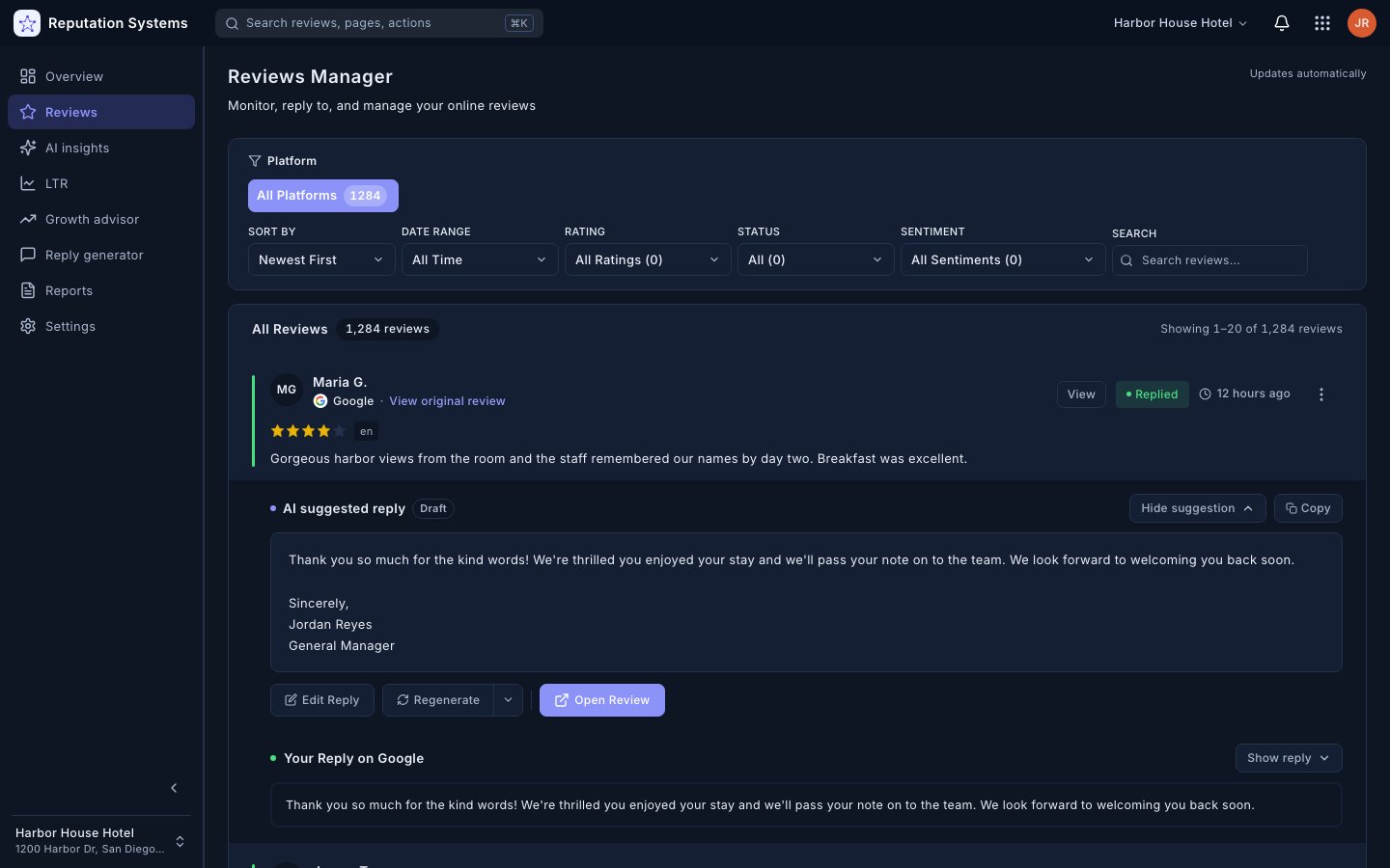 Reviews Manager — AI reply drafted on every review (sample data)