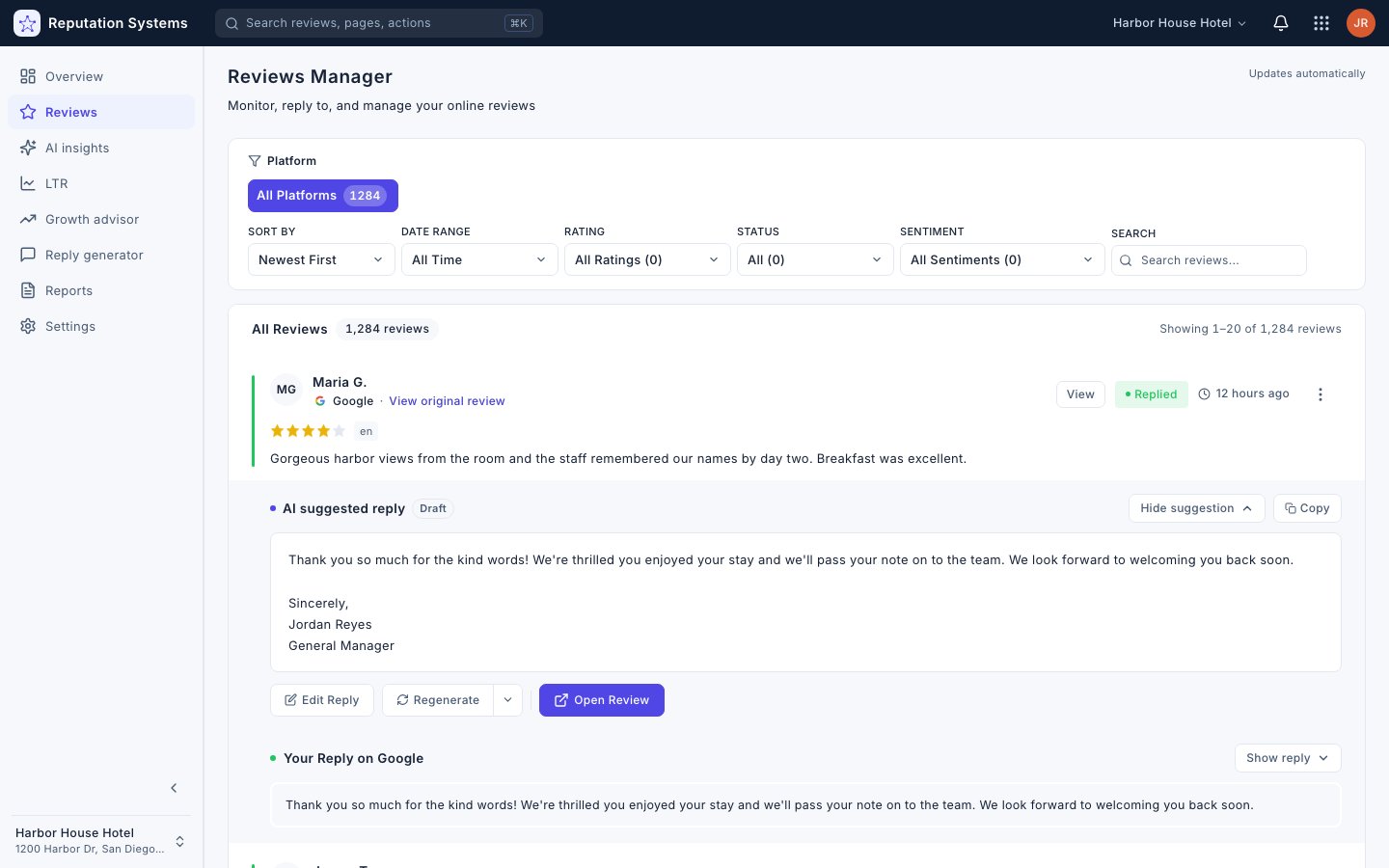 Reviews Manager — AI reply drafted on every review (sample data)